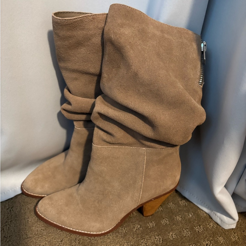 Chinese Laundry Stella Suede Leather Slouchy Boots Tan Wood Heel Sz 6 Mid Calf